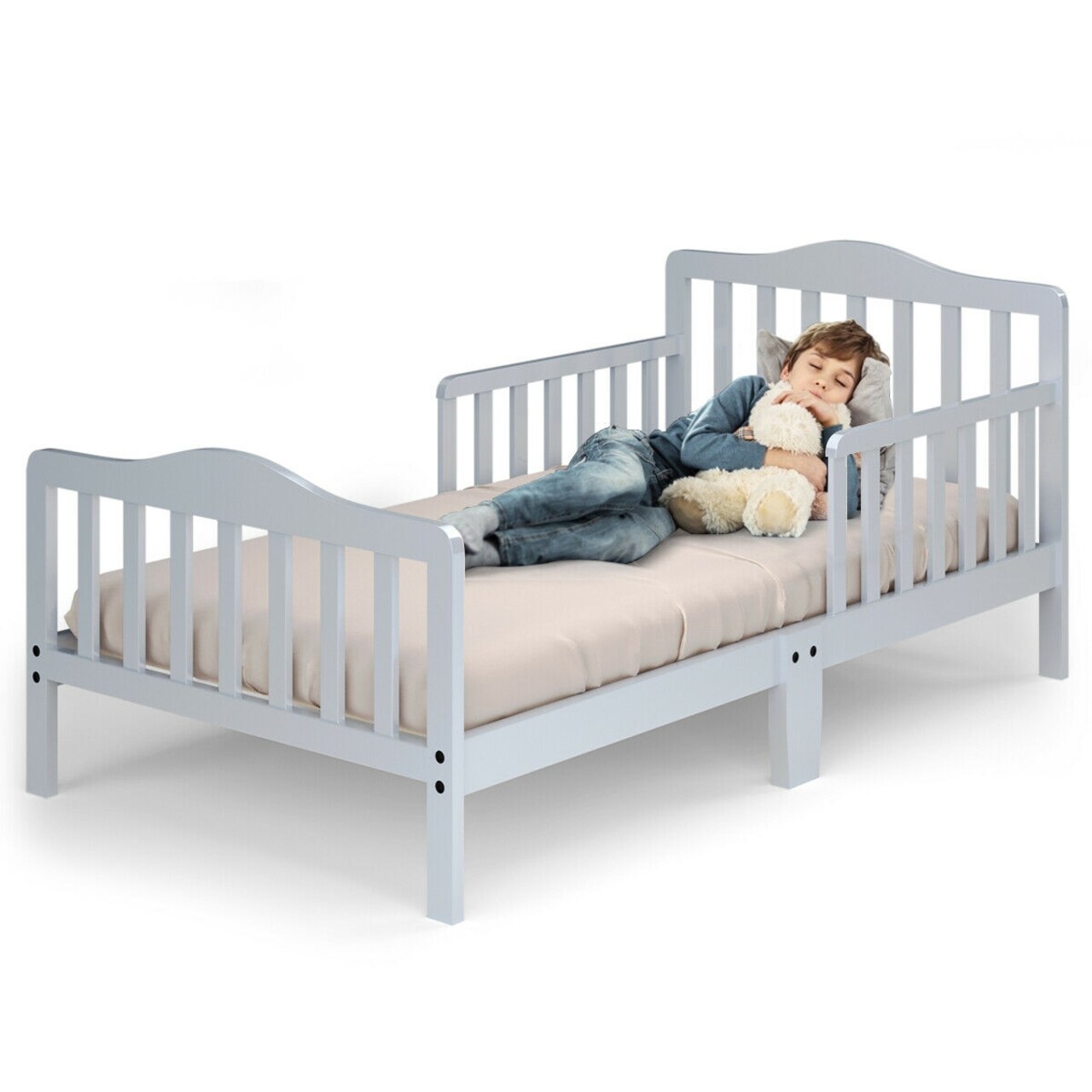 Classic Design Kids Wood Bed Frame with Two Side Safety Guardrails